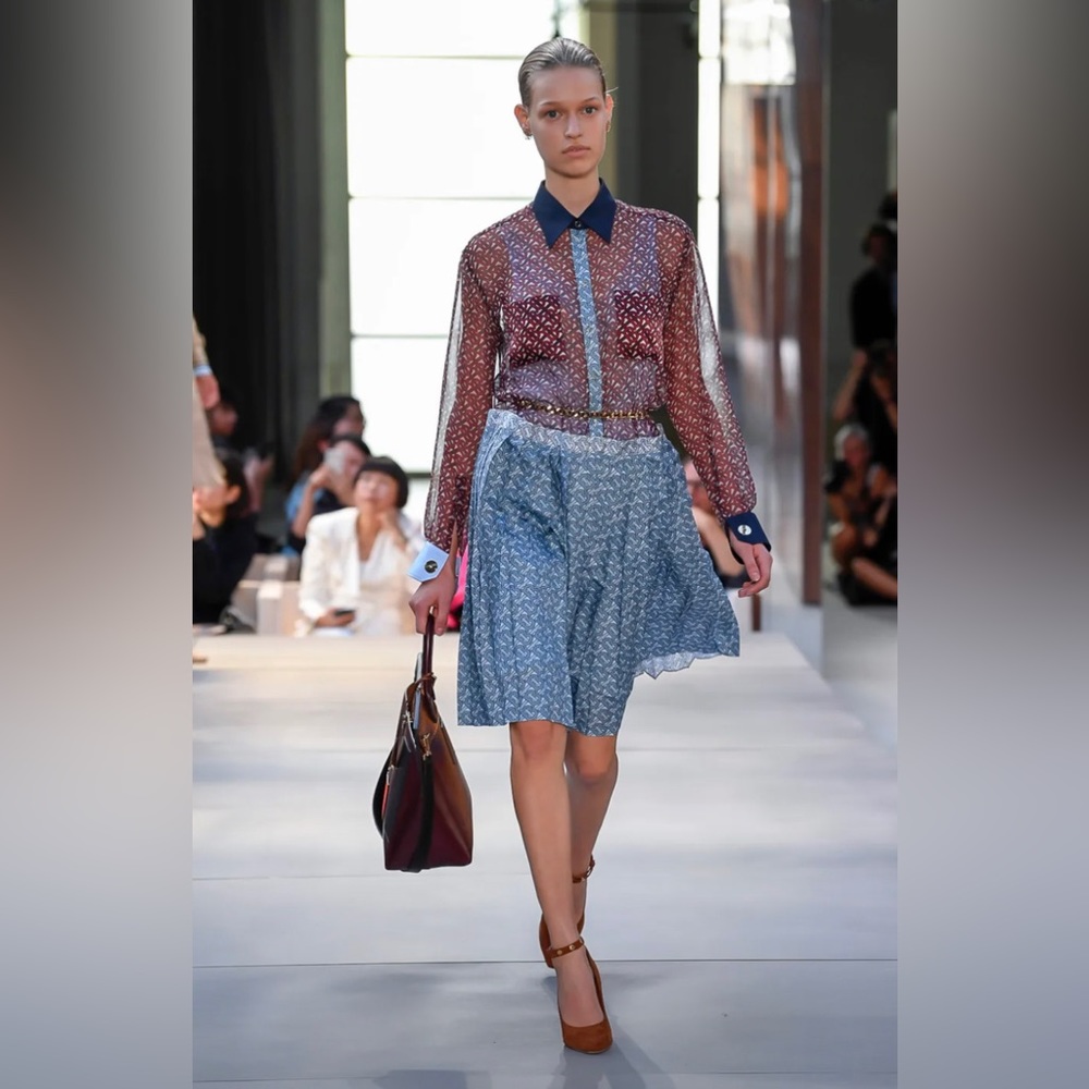 Burberry Women's Monogram Print Silk Chiffon Pleated Shirt Dress